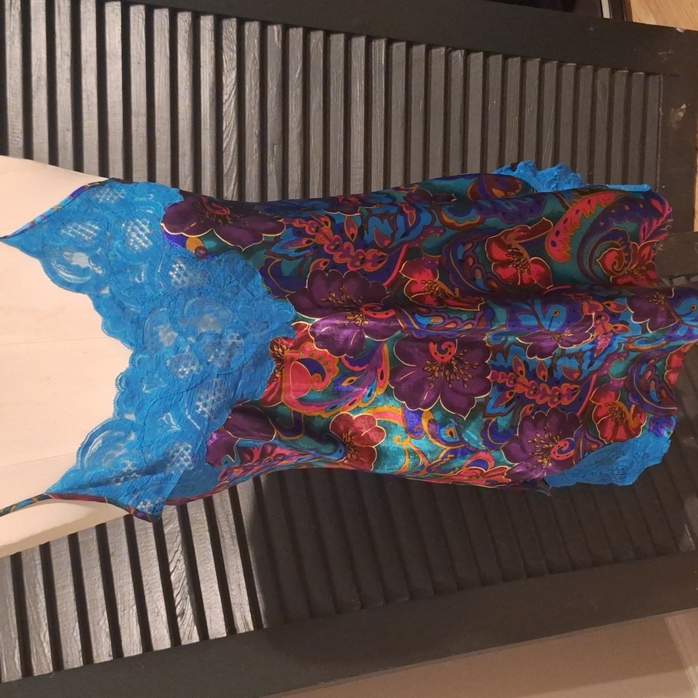Vintage Victoria's Secret Gold Tag Floral 90s Gown Sz S Loungerie Blue Lace Top